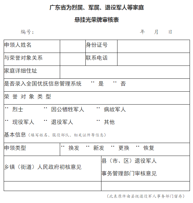 广东省为烈属军属和退役军人等家庭悬挂光荣牌工作实施细则